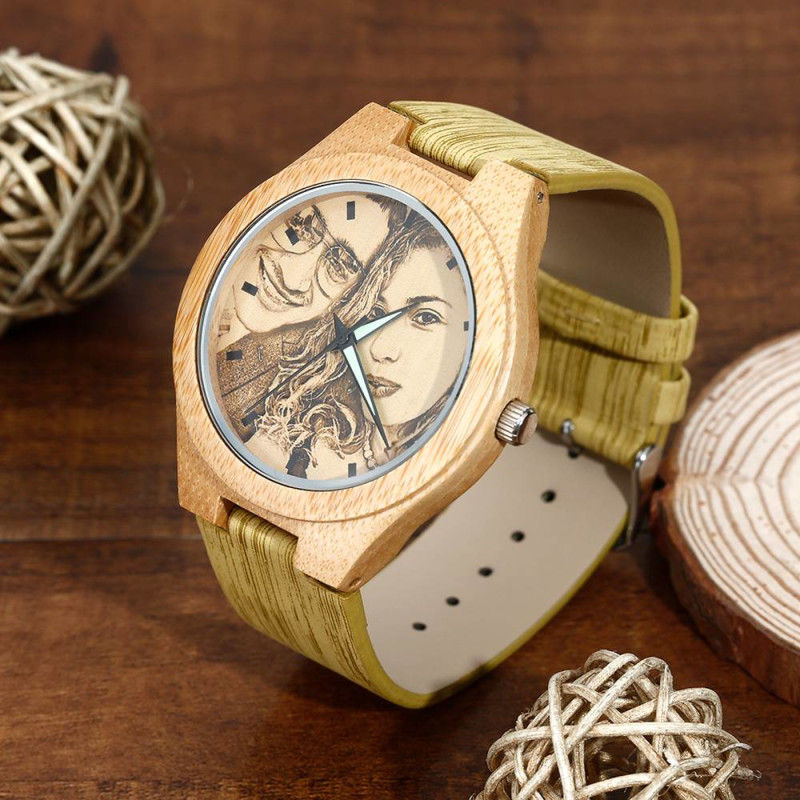 Custom Women's Engraved Bamboo Photo Watch Wooden Leather Strap 40mm