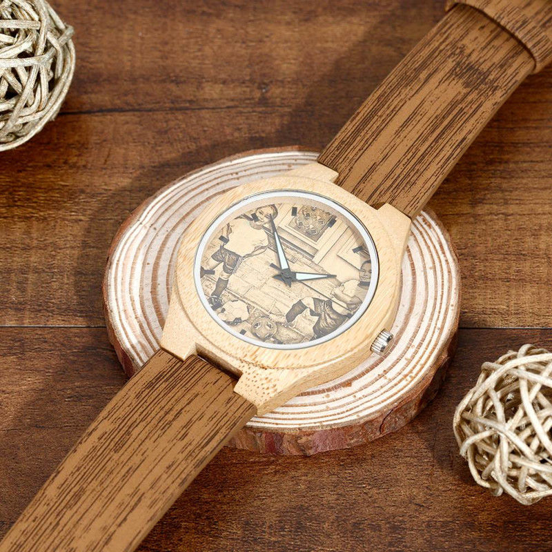 Custom Women's Engraved Bamboo Photo Watch Wooden Leather Strap 40mm