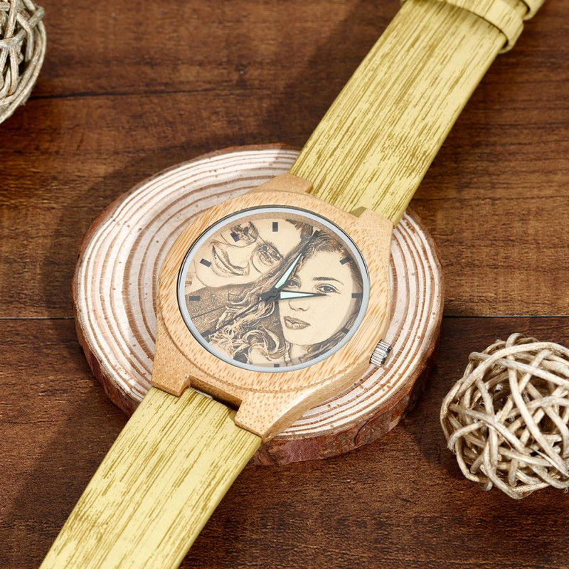 Custom Women's Engraved Bamboo Photo Watch Wooden Leather Strap 40mm