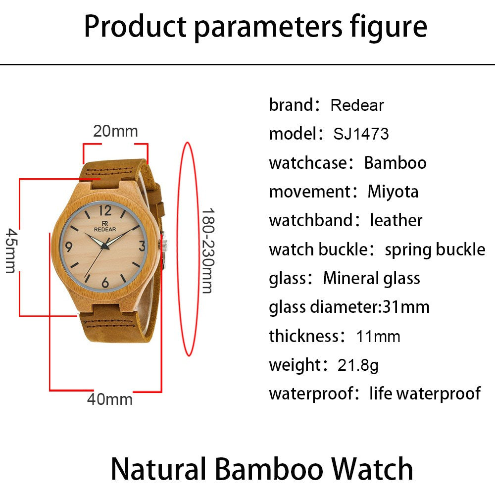 Custom Women's Engraved Bamboo Photo Watch Wooden Leather Strap 40mm