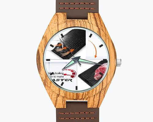 Custom Men's Engraved Wooden Photo Watch Brown Leather Strap 45mm