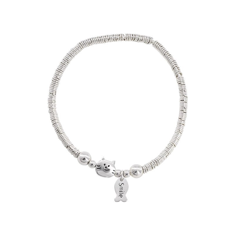 Simple Sterling Silver Small Plate Wrapped With Cat And Fish Eating Bracelet