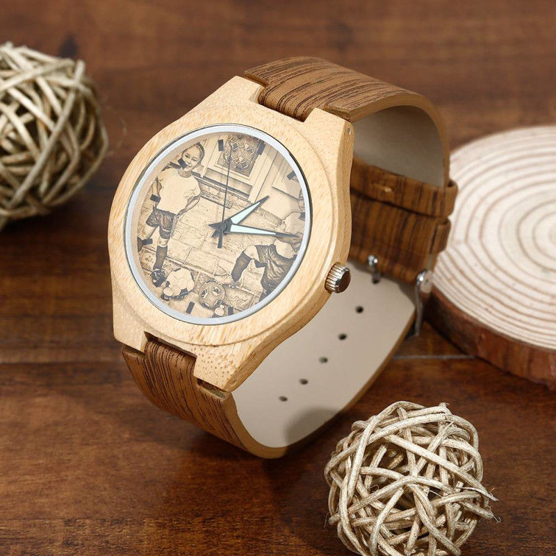 Custom Women's Engraved Bamboo Photo Watch Wooden Leather Strap 40mm